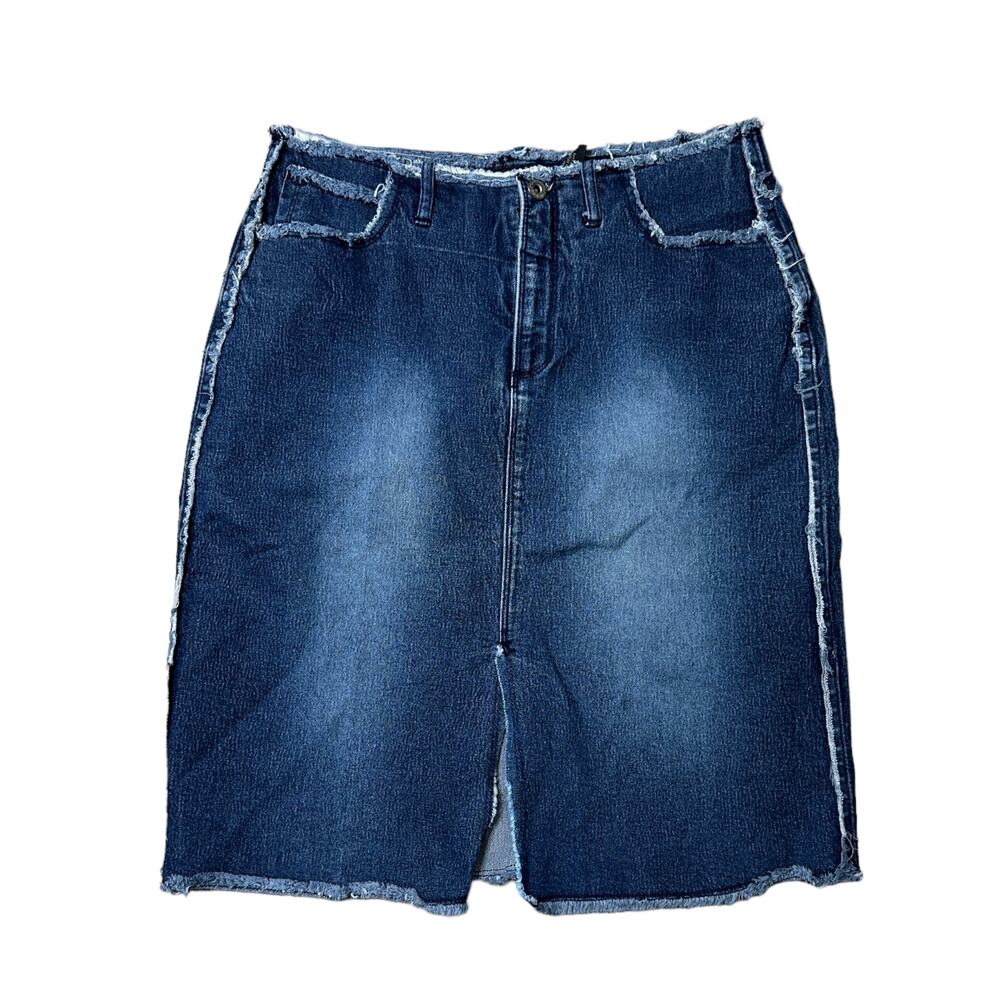 Y2K LaZer Denim Skirt Knee Length Front Split Low Rise Fringe 11 Retro Vintage